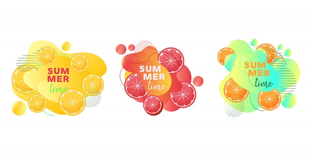 Sommerzeitnetzfahnen stellten mit fruchtzitrone, orange, pampelmuse, abstrakten flüssigen formen und text ein. Premium Vektoren
