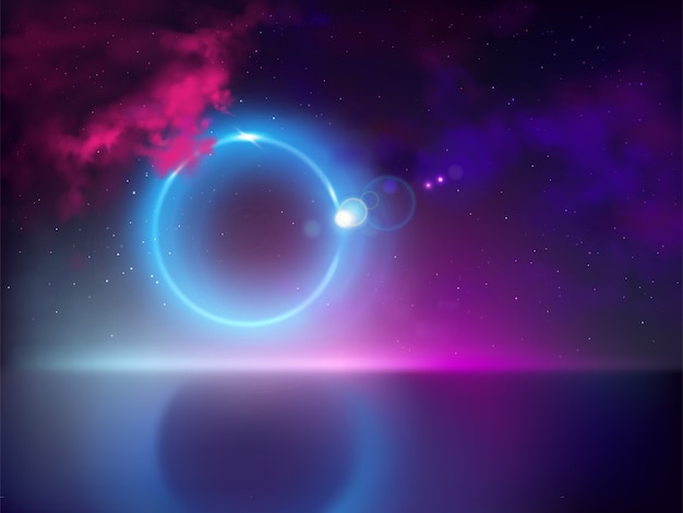 Sonnen- oder mondfinsternis mit lichtstrahl, strahl reißt von versteckter mondscheibe ab Kostenlosen Vektoren