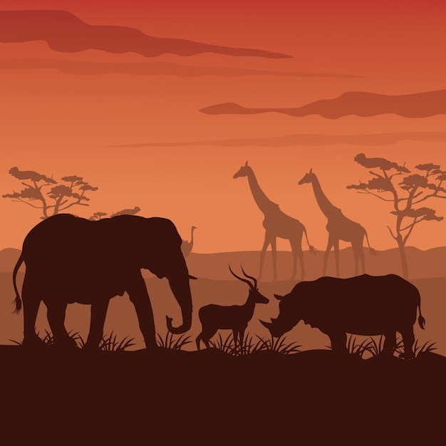 Sonnenuntergang Afrikanische Landschaft Mit Silhouette Wilden Tieren Premium Vektor