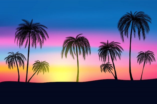 Sonnenuntergang Und Tropische Palmen Mit Bunter Landschaft Premium Vektor