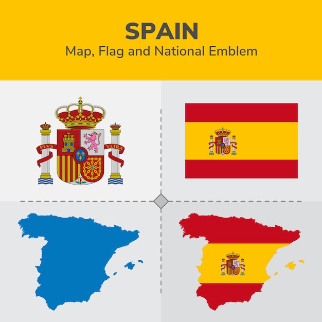 Spanien karte, flagge und national emblem | Premium-Vektor