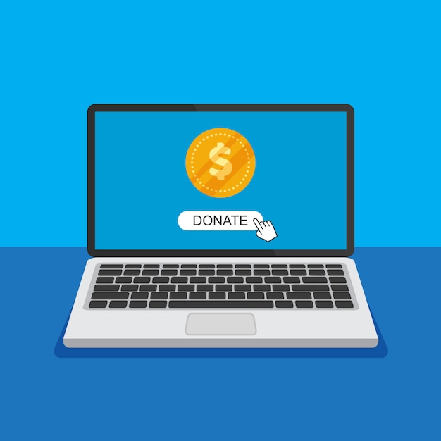 Spenden Webseite Auf Einem Laptop Display Spenden Sie Ein Konzept Und Geben Sie Online Geld Computer Mit Goldmunze Und Knopf Auf Dem Bildschirm Illustration Premium Vektor