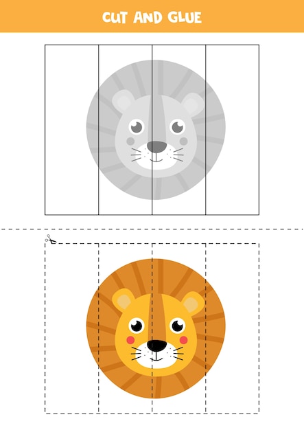 Spiel Zum Ausschneiden Und Einfugen Fur Kinder Padagogisches Logisches Ratsel Fur Kinder Im Vorschulalter Schneidpraxis Fur Kinder Illustration Des Lowengesichtes Im Karikaturstil Premium Vektor