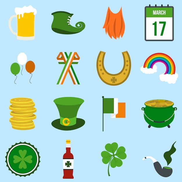 St patrick day flache elemente für web und mobile geräte festgelegt Premium Vektoren