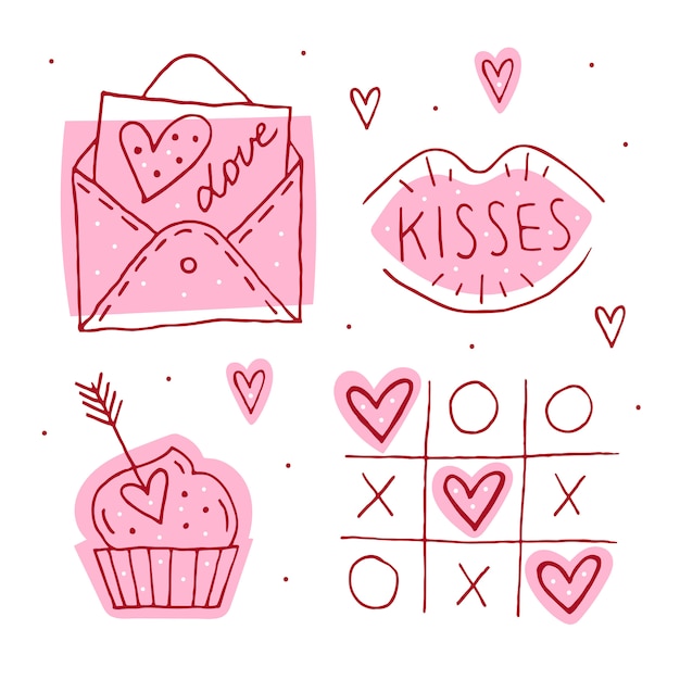 St Valentine S Tagesgekritzelsatz Elemente Clipart Aufkleber Liebesbrief Kuss Muffin Tic Tac Toe Und Herzlinie Kunst Handgezeichnete S Premium Vektor