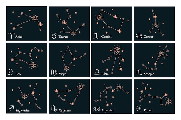 Sternzeichen Konstellation Widder Stier Zwillinge Krebs Leo Jungfrau Waage Skorpion Fische Tierkreis Premium Vektor