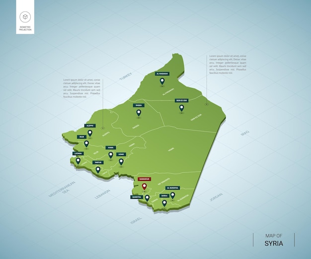 Stilisierte Karte Von Syrien Isometrische Grune 3d Karte Mit Stadten Grenzen Hauptstadt Damaskus Regionen Premium Vektor