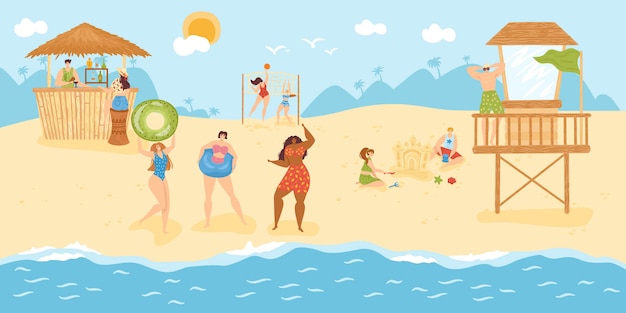 Strand Freizeit Fur Menschen In Den Sommerferien Illustration Mann Frau Charakter Im Tropischen Ozean Resort Urlaub Cartoon Lebensstil Viel Spass Beim Entspannen Am Meer Lustige Freizeitaktivitaten Premium Vektor