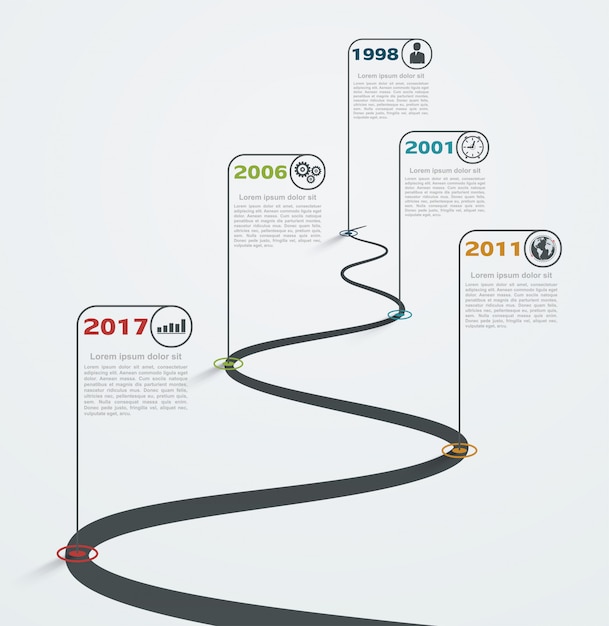 Straße infographic mit zeigern, zeitachse mit geschäftsikonen. strukturentwicklung. Premium Vektoren