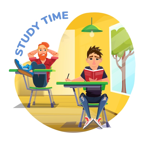 Studienzeitplakat Mit Cartoon Studenten Bei Der Vorlesung Premium Vektor