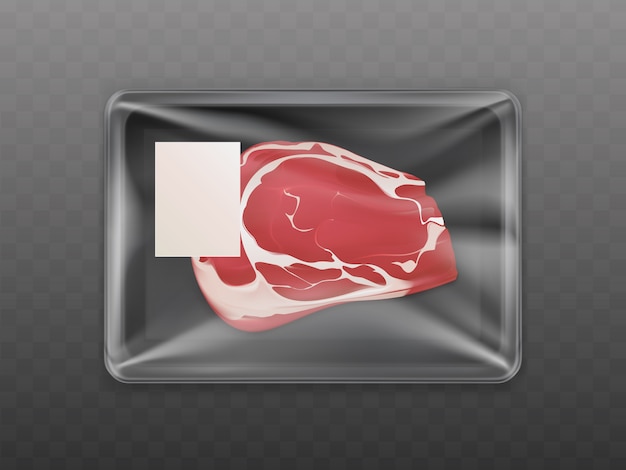 Stück rohes rindfleisch in einem versiegelten plastikbehälter mit preisschild verpackt Kostenlosen Vektoren
