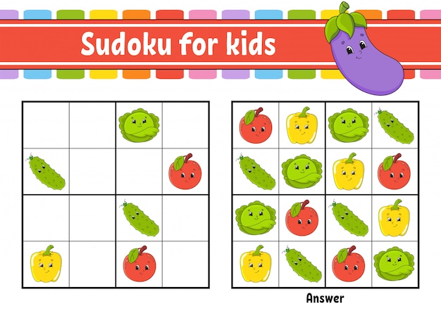 Sudoku Fur Kinder Arbeitsblatt Zur Bildungsentwicklung Gemuse Obst Zeichentrickfigur Premium Vektor