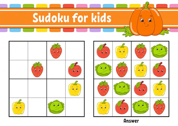 Sudoku Fur Kinder Arbeitsblatt Zur Bildungsentwicklung Gemuse Obst Premium Vektor