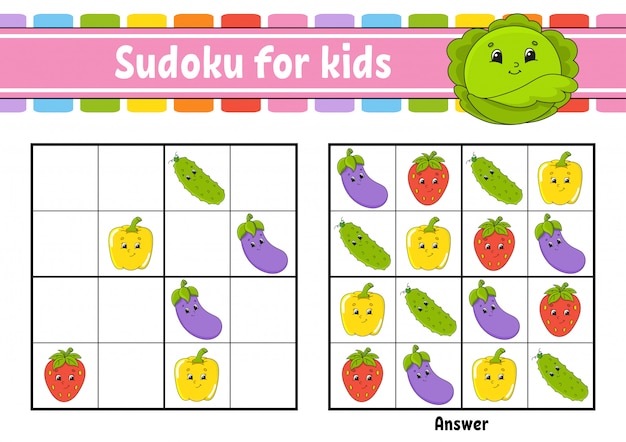 Sudoku Fur Kinder Arbeitsblatt Zur Bildungsentwicklung Gemuse Obst Premium Vektor