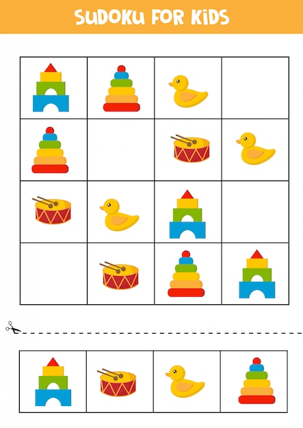 Sudoku für kinder mit bunten spielsachen. | Premium-Vektor