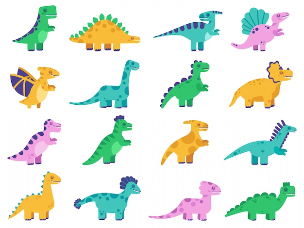 Susse Dinosaurier Hand Gezeichnete Comic Dinosaurier Lustige Dino Figuren Tyrannosaurus Stegosaurus Und Diplodocus Illustrationssatz Dinosaurier Tier Triceratops Dino Premium Vektor