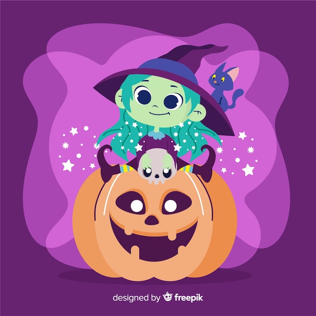 Süße halloween hexe auf kürbis Kostenlosen Vektoren