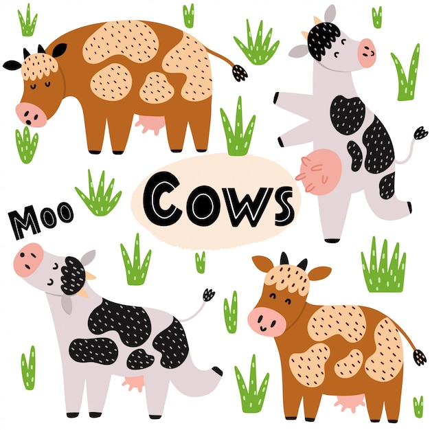 Susse Kuhe Eingestellt Clipart Sammlung Mit Lustigen Nutztieren Isolierte Kuhfiguren In Verschiedenen Posen Illustration Premium Vektor