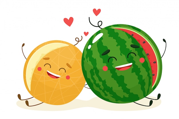 Susse Wassermelone Und Melone Zusammen Frohliche Fruchte Illustration Im Flachen Stil Der Karikatur Premium Vektor