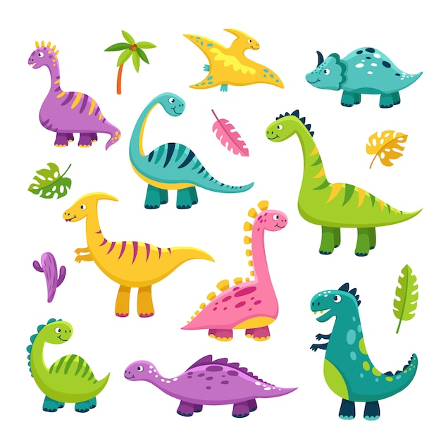Susser Dino Cartoon Baby Dinosaurier Stegosaurus Drachen Kinder Prahistorische Wilde Tiere Brontosaurus Dinosaurier Charaktere Premium Vektor