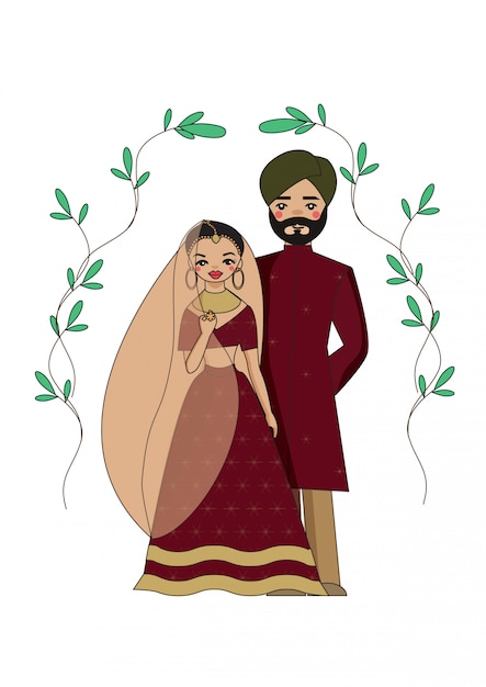 Premium Vektor Susses Indisches Paar Im Traditionellen Hochzeitskleid