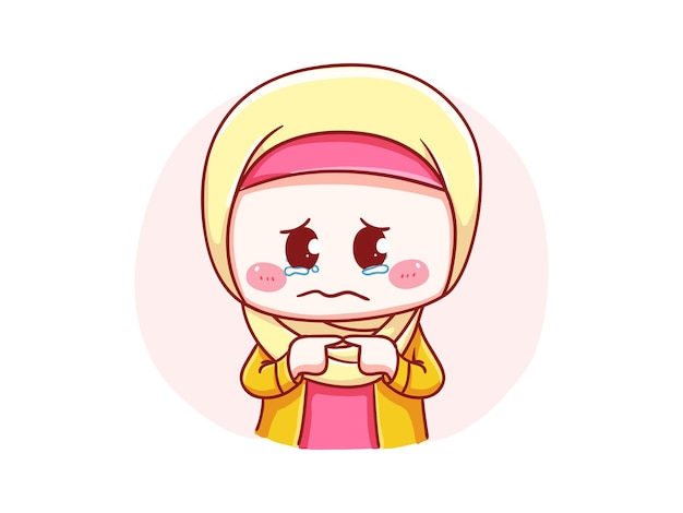 Susses Und Kawaii Hijab Madchen Weint Und Fuhlt Sich Schuldig Chibi Illustration Premium Vektor