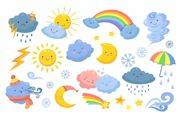 Susses Wetter Isolierter Regenbogen Karikaturregen Und Hurrikan Lustige Und Wutende Wolken Frohliche Sonne Und Tornado Emotionale Naturikonen Meteorologie Wetterikonen Regenbogen Und Schneeillustration Premium Vektor