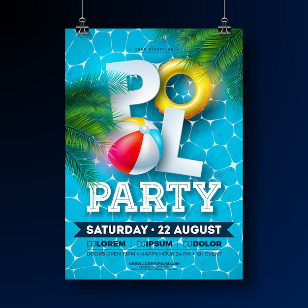 Summer Pool Party Poster Design Vorlage Mit Palmblattern Wasser Wasserball Und Float Auf Blauem Hintergrund Kostenlose Vektor