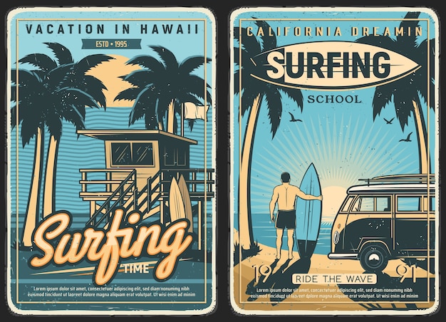 Surf Retro Poster Surf Strand Sommer Und Surfer Mit Surfbrett Tropische Ozeanwellen In Kalifornien Und Hawaii Meer Sonne Und Palmen Surfschule Und Sommerferien Van Bei Inseluntergang Premium Vektor