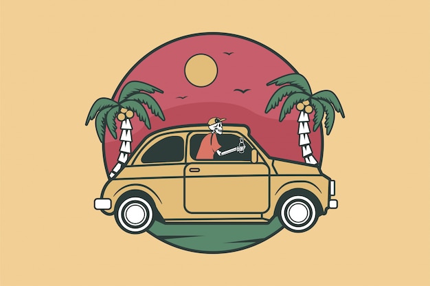 Surfauto und surfer für embleme Premium Vektoren