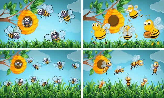 Szenen Mit Bienen Und Bienenstock Kostenlose Vektor