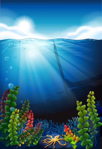 Szenenhintergrund mit blauem meer und unterwasser Kostenlosen Vektoren