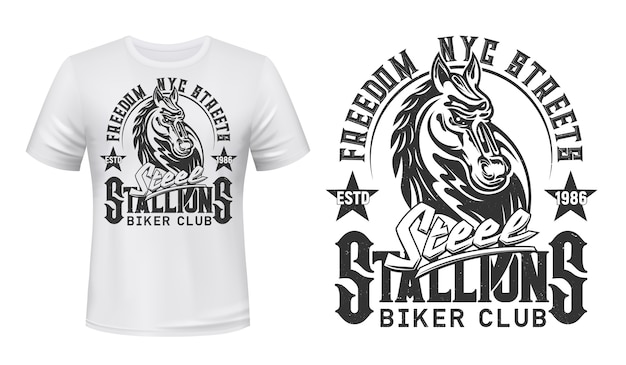 T Shirt Druck Mit Hengstkopf Biker Club Maskottchen Oder Tattoo Weisse Kleidung Oder Uniform T Shirt Activewear Vorlage Monochromes Abzeichen Mit Stuten Tier Und Grunge Schriftzug Premium Vektor