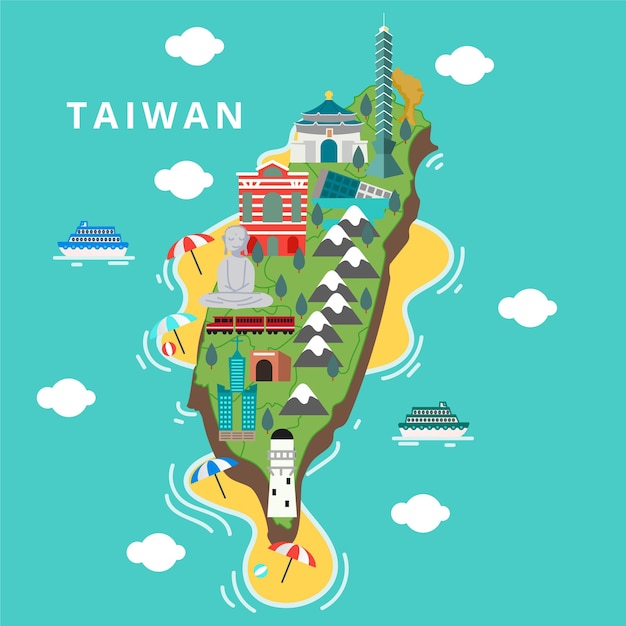 Taiwan karte mit sehenswürdigkeiten | Kostenlose Vektor