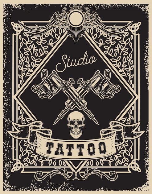 Tattoo Studio Poster Vorlage Gekreuzte Tatowiermaschinen Mit Schadel Fur Poster Druck Karte Banner Bild Premium Vektor