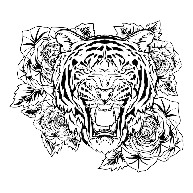 Tattoo Und T Shirt Design Tiger Mit Rose Hand Gezeichnet Schwarz Weiss Premium Vektor Premium Vektor