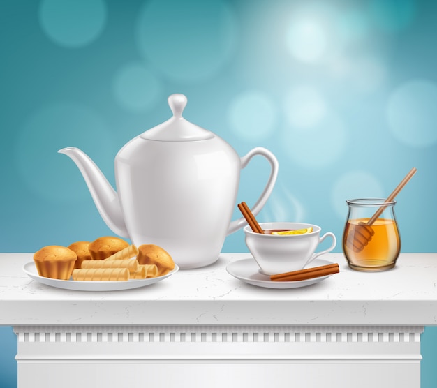 Teekanne honey jar realistic set Kostenlosen Vektoren