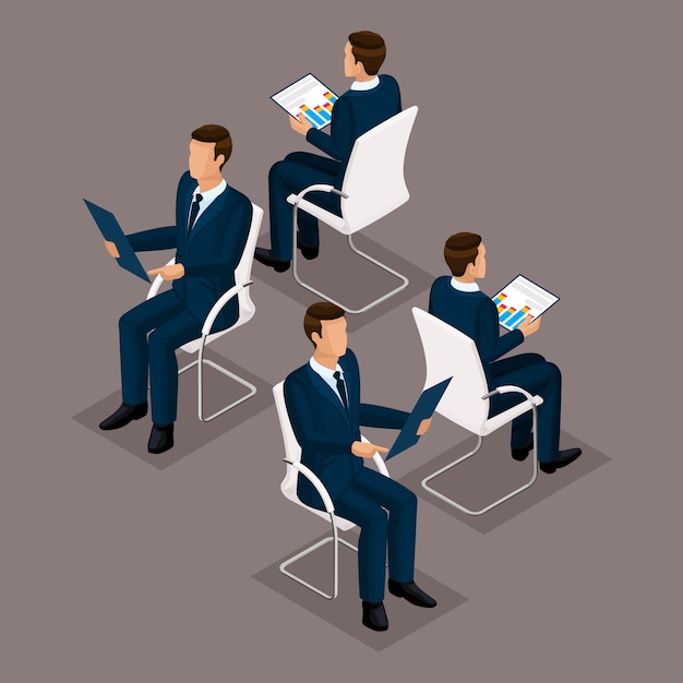 Tendenz-isometrischer leute-satz, geschäftsmänner 3d in den klagen, sitzend auf einem stuhl, einer vorderansicht und einer hinteren ansicht lokalisiert. vektor-illustration Premium Vektoren