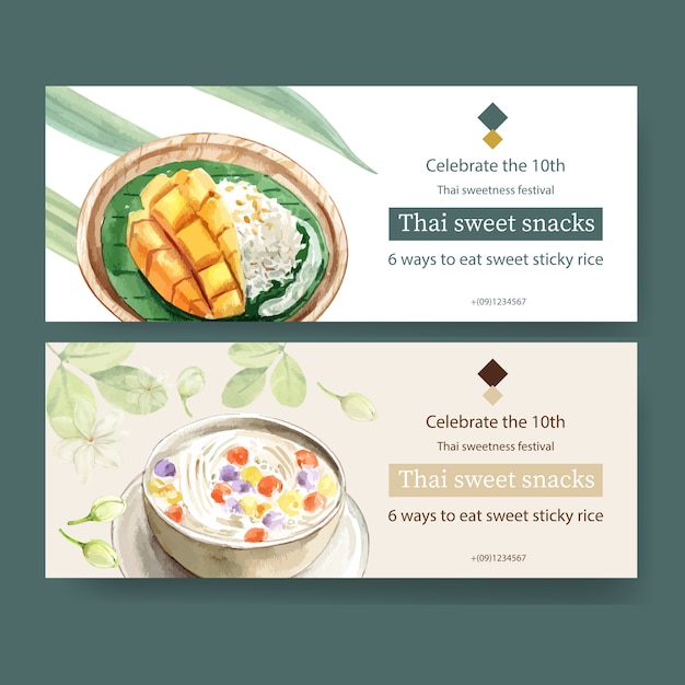 Thailändisches süßes fahnendesign mit klebrigem reis, mango, bua loi aquarellillustration. Kostenlosen Vektoren