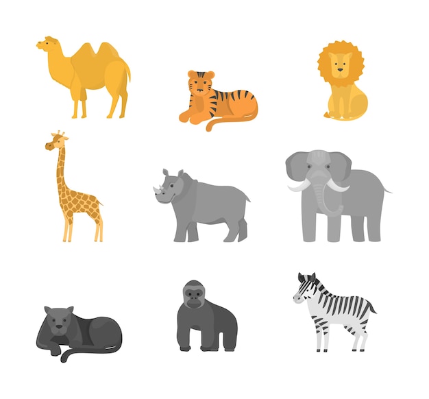 Tiere Aus Afrika Setzen Sammlung Von Wildtieren In Safari Elefant Und Girafee Tiger Und Lowe Illustration Premium Vektor