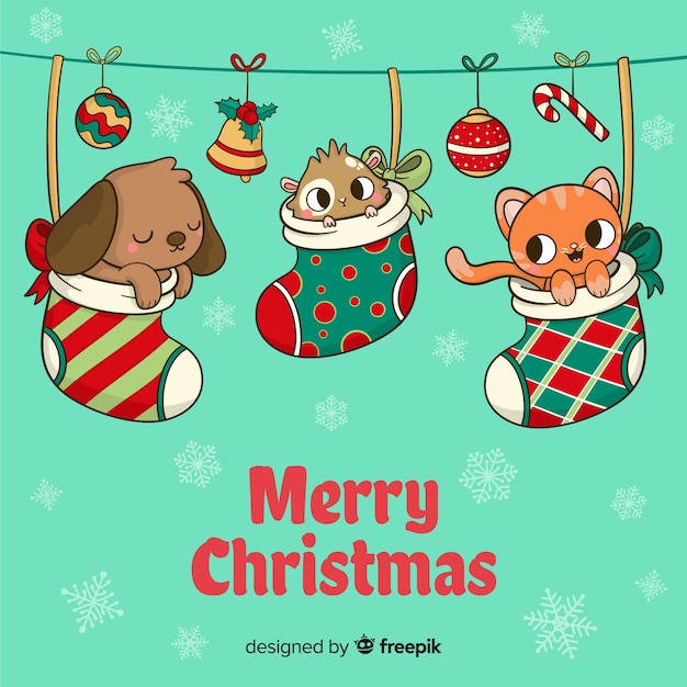 Tiere innerhalb des sockenweihnachtshintergrundes Kostenlosen Vektoren