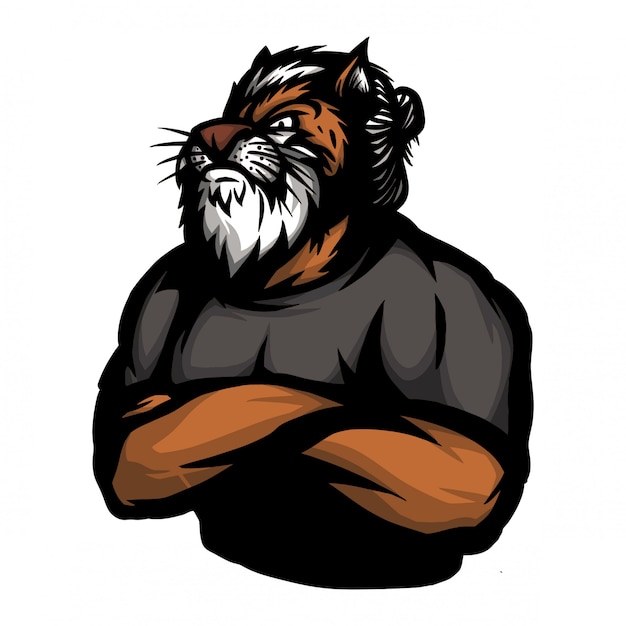 Tiger mit menschlichem körper in der querhandhaltung Premium Vektoren