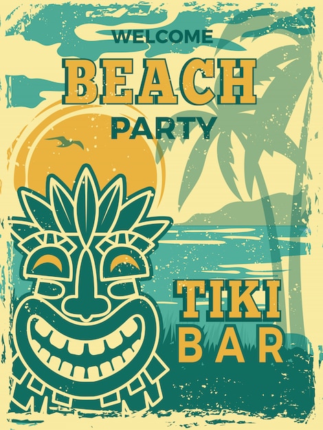 Tiki Bar Poster Hawaii Strand Sommer Party Einladung Tiki Stammes Holzmasken Retro Plakat Premium Vektor