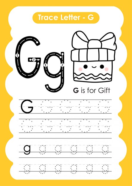 Trace Letter Alphabet G Ubung Mit Cartoon Vokabular Illustration Premium Vektor