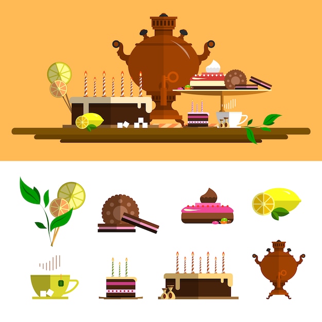 Traditionelle teezeremonie mit samowar. vektorelemente inmitten einer flachen stil. gestaltungselemente: tasse, kuchen, schokolade, zitrone, kekse, süßigkeiten. Premium Vektoren