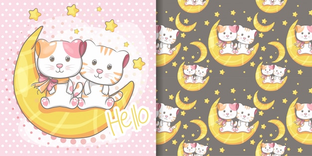 Übergeben sie gezogene nahtlose muster- und illustrationskarte der netten katze Premium Vektoren