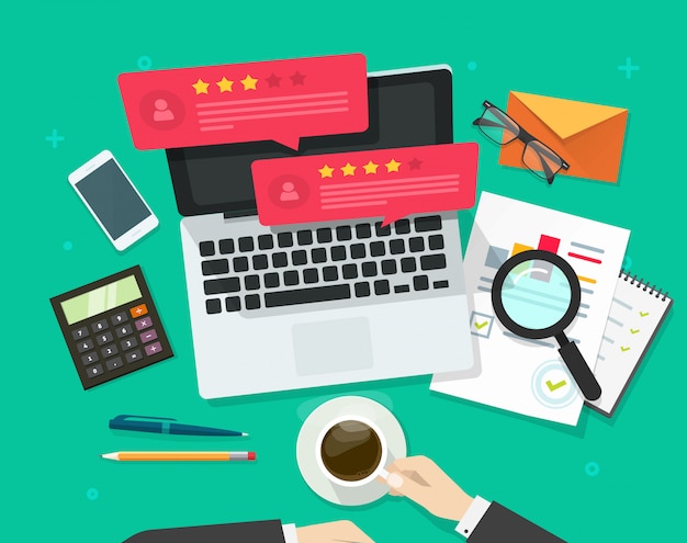 Überprüfungsbewertungsblasenreden oder -zeugnisse auf laptop-computer und arbeitsdesktop sehen vektorillustration in der flachen karikaturart an Premium Vektoren
