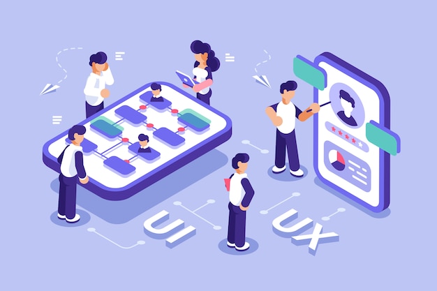 Ui-design-konzept mit charakter. softwaregruppe, kit für die telefon-seo-programmierung. ux flache isometrische vektor. entwicklung von benutzeroberflächen für mobile apps. zusammenspiel. kann für web-banner, infografiken verwenden. Premium Vektoren