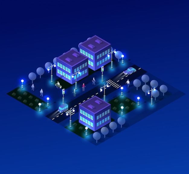 Ultraviolette architektur des nachtstadtbilds Premium Vektoren