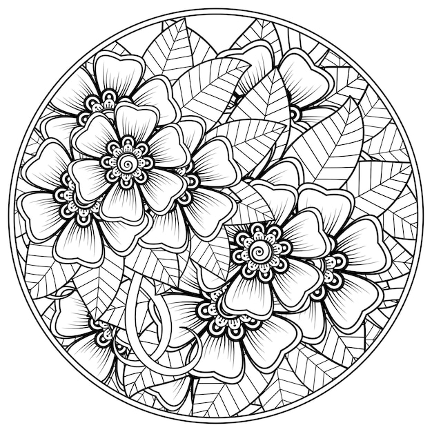 Umriss Rundes Blumenmuster Im Mehndi Stil Zum Ausmalen Von Buchseiten Doodle Ornamenten In Schwarz Weisser Handzeichnungsillustration Premium Vektor